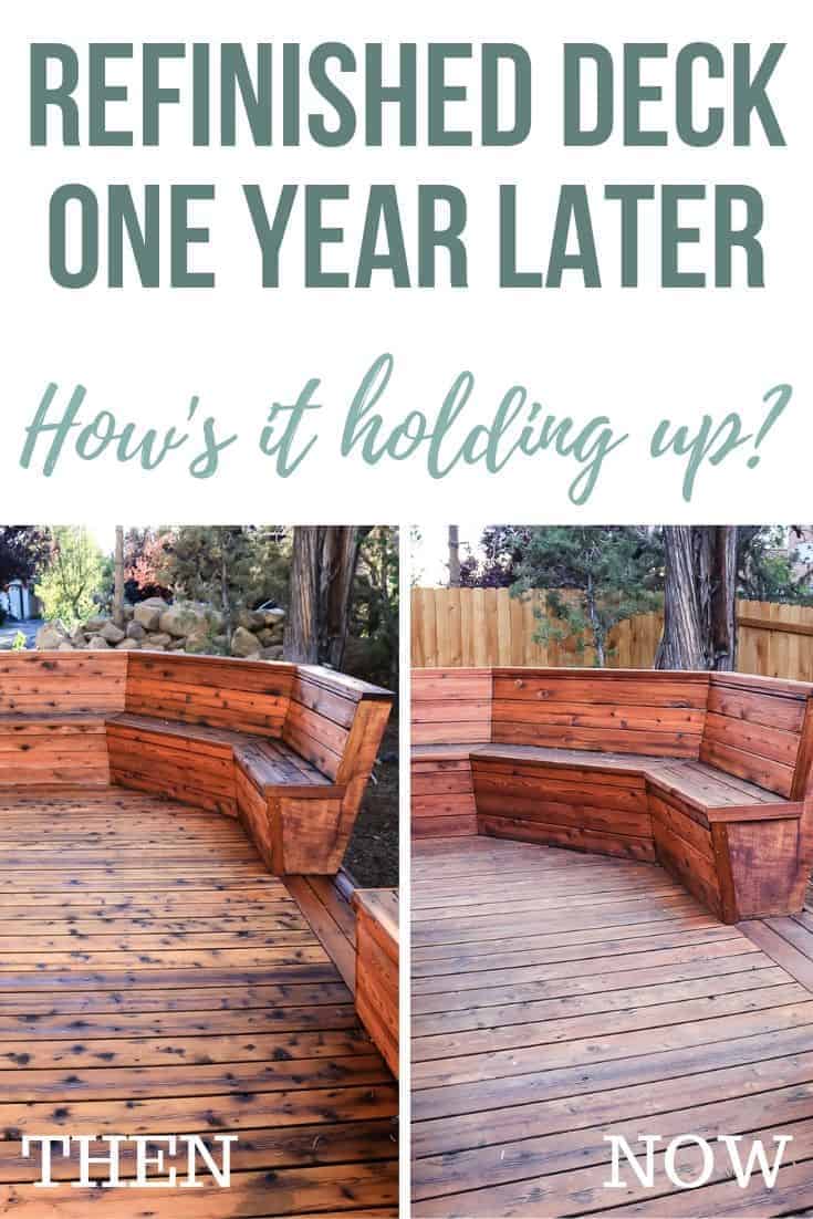 deck with text overlay that says refinished deck one year later