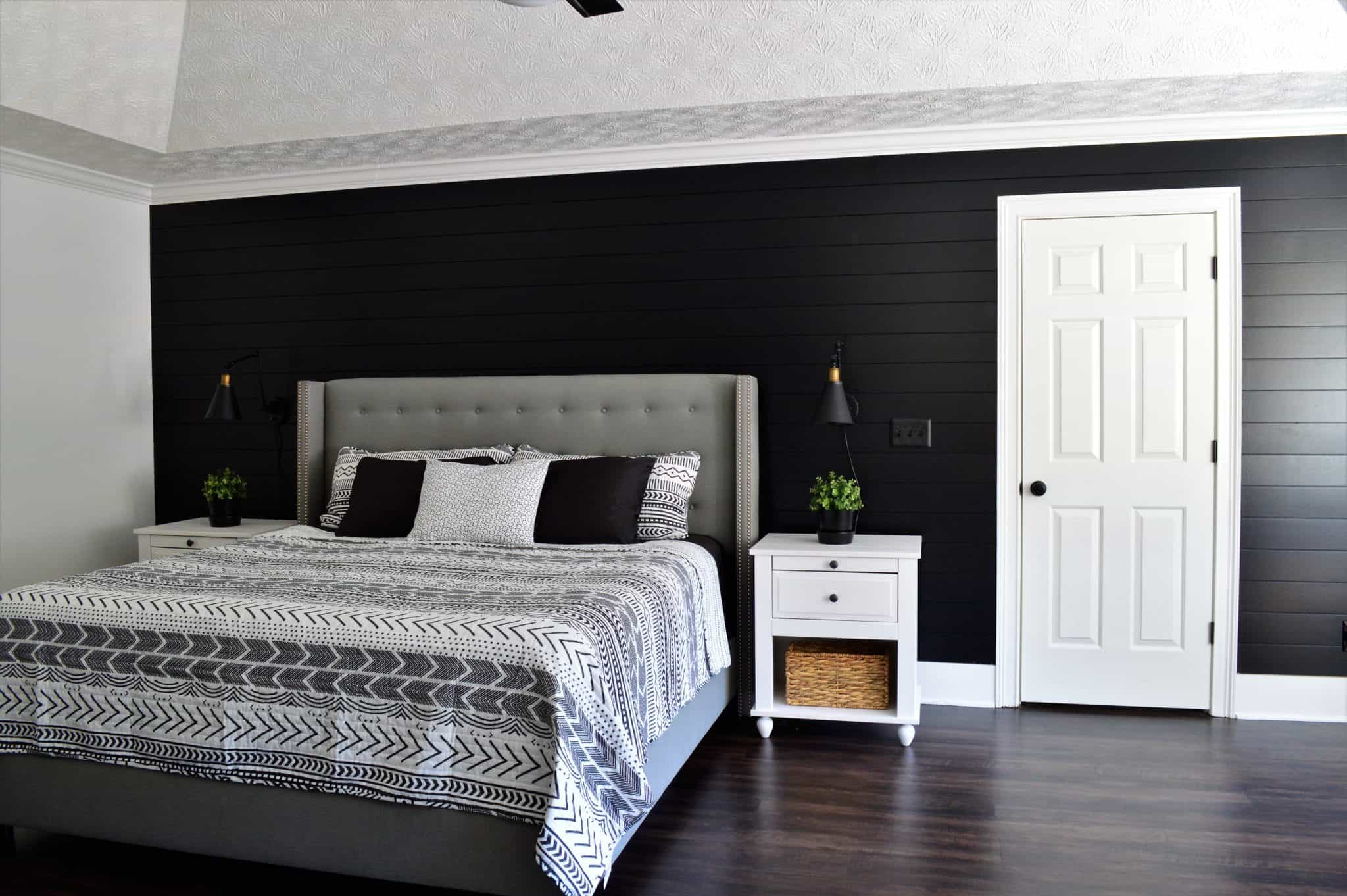 black shiplap wall living room