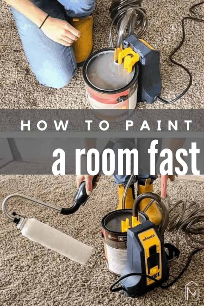 A collage of two images shows a woman setting up the Wagner SideKick power paint roller and filling it with paint. Text across the center of the image says "how to paint a room fast"