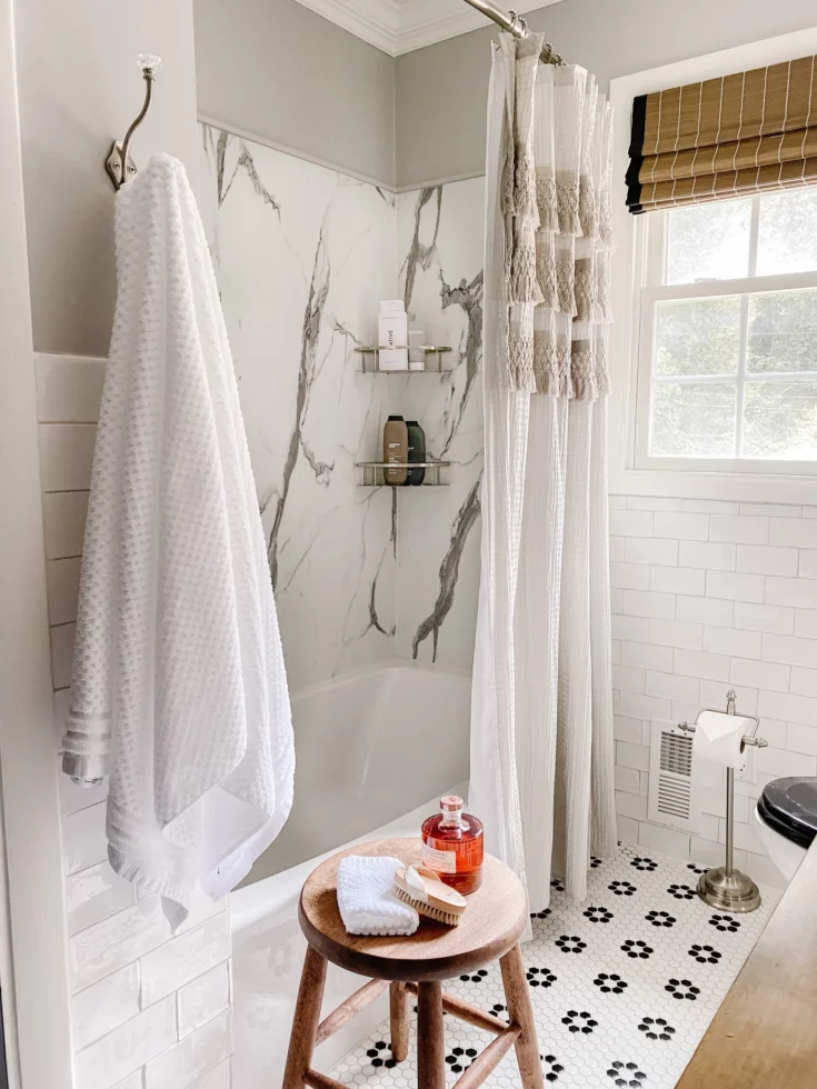 Example of a corner shelf in shower made out of the wall tile  Doorless  shower design, Shower fixtures, Shower corner shelf