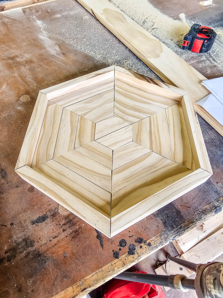 Wood pieces arranged in a hexagon shape for the Chicknic Table